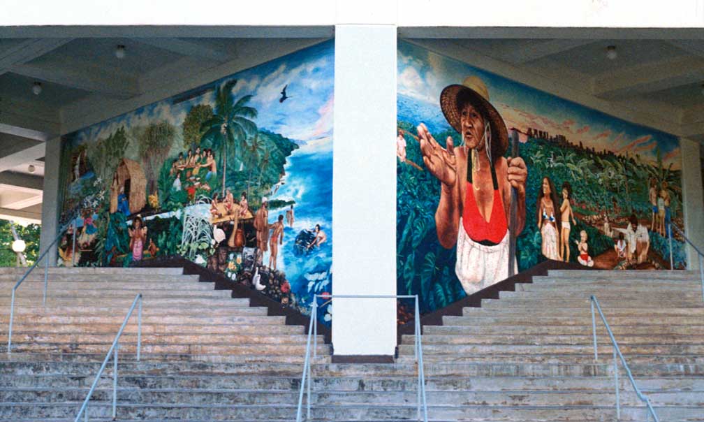 Hawai’i Ka’u Kumu (Hawai’i is my teacher) A Mural on the Spirit of Growth and Learning Then and Now, 1982 The University of Hawai’i’s 75th Anniversary Murals, The Campus Center, University of Hawai’i at Manoa, Honolulu, Hawai’i   (16’ X 27’ each) Politec acrylic glaze painting on exterior concrete walls.
