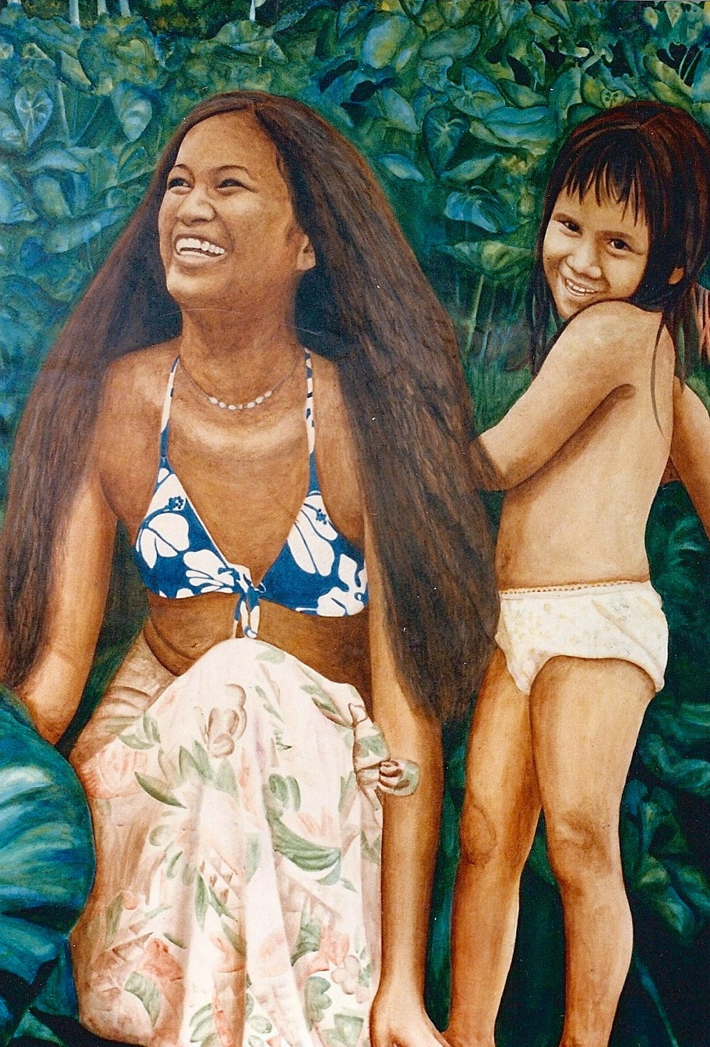 Calley’s dear friend and neighbor, Louise Kaiulani Sausen and her daughter Lehua posed for the auana (modern) side of the mural.  It was Kaiulani that introduced Calley to her kumu, Braddah Frank Hewett.  